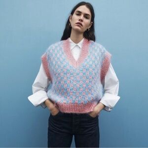 ZARA checkered pink and blue oversized sweater vest.